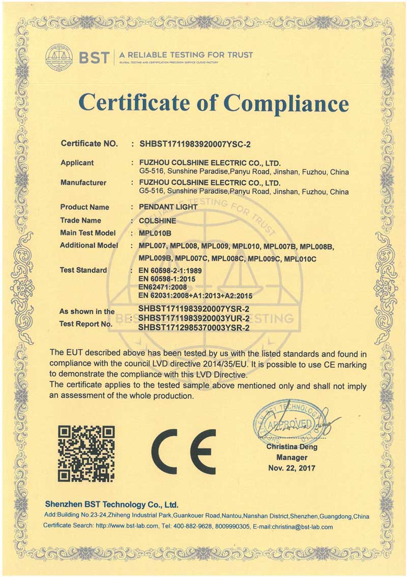 Certificado CE de Luzes Pendentes de Metal