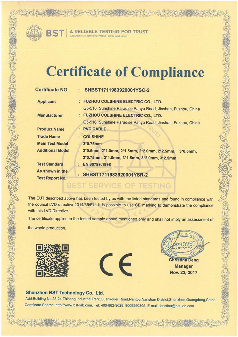 Certificado CE de cabos de PVC