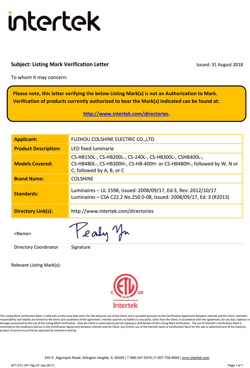 Certificado ETL para luminárias fixas de LED