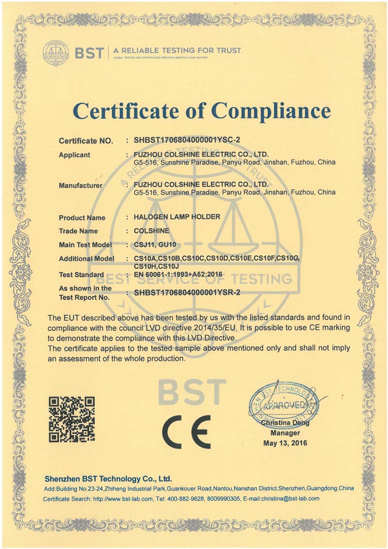 Certificado CE de suporte para lâmpada halógena GU10