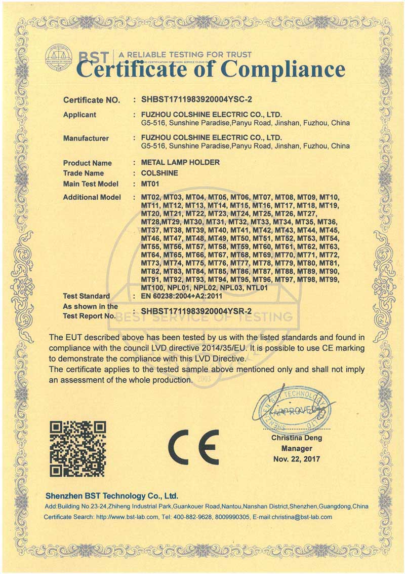 Certificado CE de soquetes de lâmpada de metal